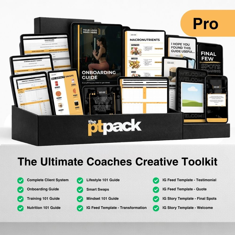 The PT Pack Pro business toolkit showing onboarding guides, coaching resources, client systems, marketing templates and business tools for personal trainers