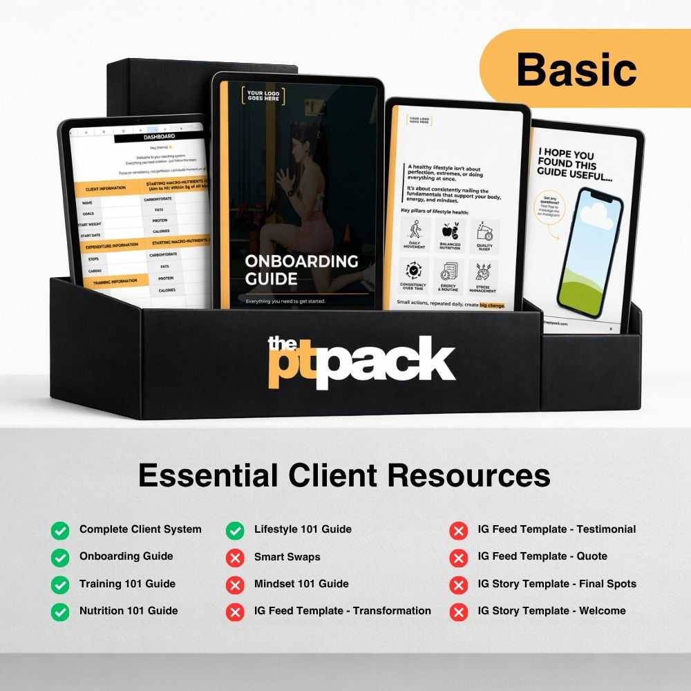 The PT Pack Basic toolkit with onboarding templates, nutrition resources, training guides and client management tools for personal trainers