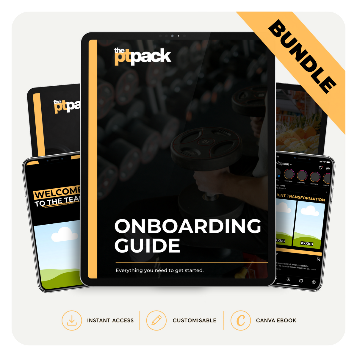 The PT Pack Pro bundle for personal trainers, including client system, onboarding, training, nutrition, lifestyle, mindset, Smart Swaps and Instagram templates