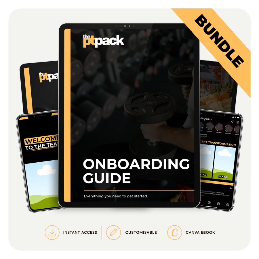 The PT Pack Pro bundle for personal trainers, including client system, onboarding, training, nutrition, lifestyle, mindset, Smart Swaps and Instagram templates