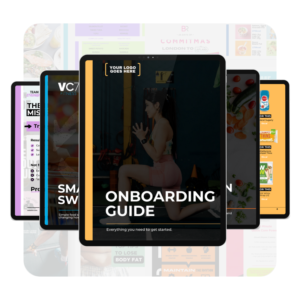 Branded PT onboarding guide template preview displayed on tablet – part of The PT Pack fitness business bundle for personal trainers