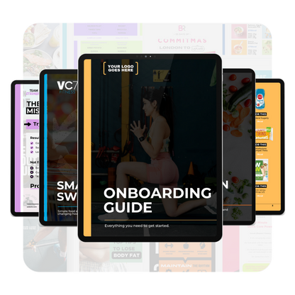Branded PT onboarding guide template preview displayed on tablet – part of The PT Pack fitness business bundle for personal trainers